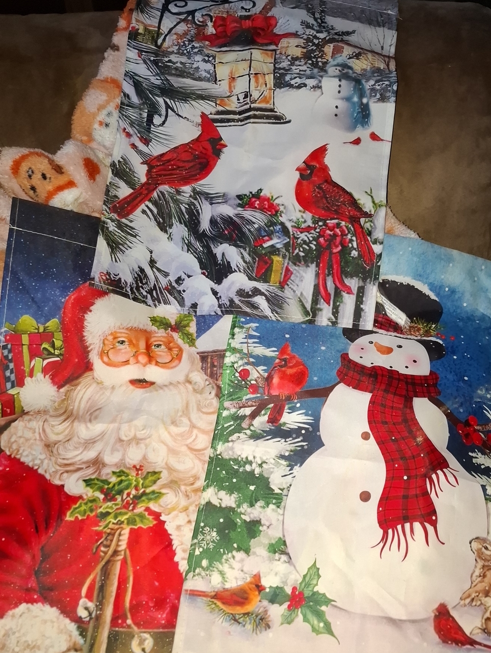 Holiday Decorative Fabric Panel Set with Red Cardinal and Snowman Prints